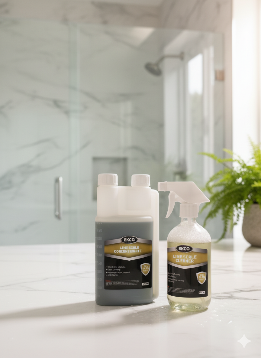 Two bottles of Eko cleaning products on a bathroom counter with a shower in the background.